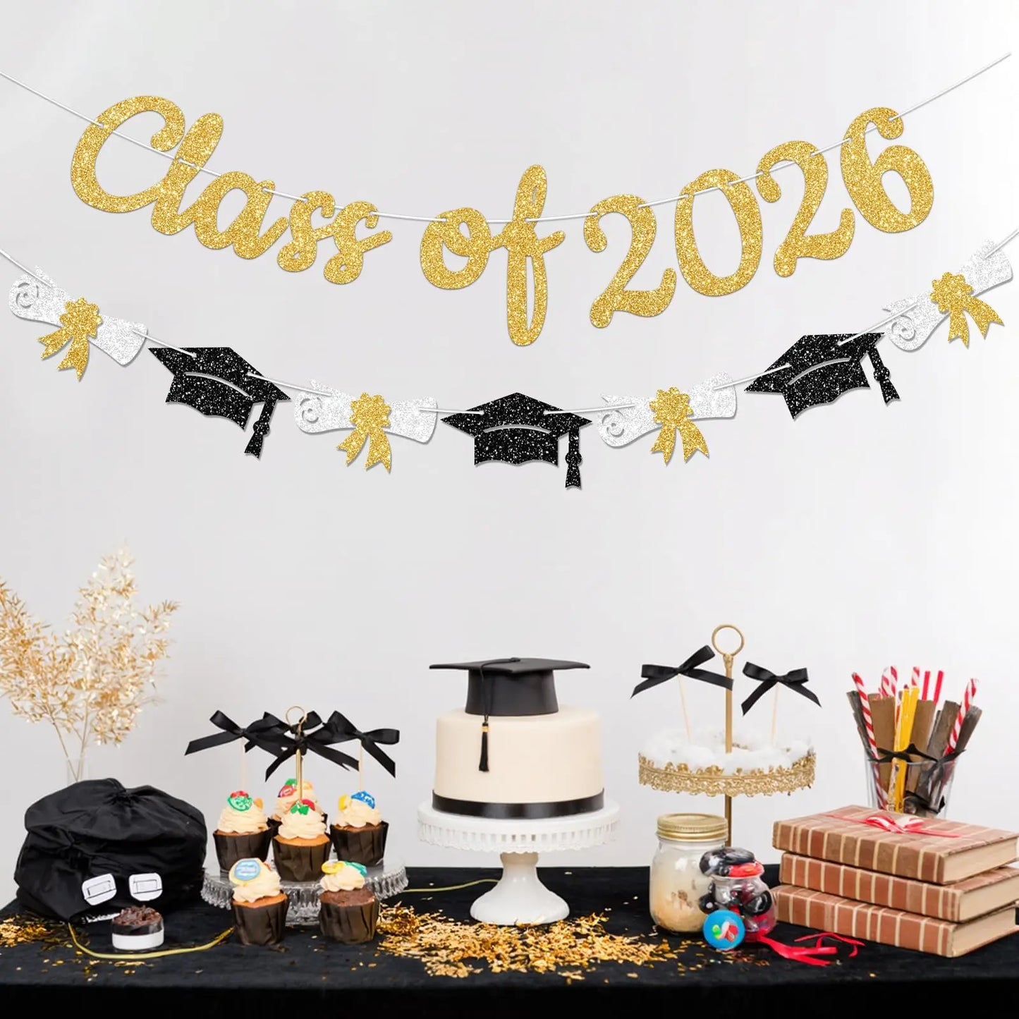 Glitter Gold/Blue/Purple/Red Class of 2026 Banner Graduation Sign with Grad Cap Garland for 2026 Graduation Party Decorations