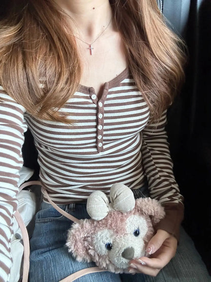 Six Buttons Ribbed Long Sleeve T-shirts Women Spring Round Neck Cotton Slim Tee Top Female Sweet Cute Pink Tshirt Y2k Tops Ne