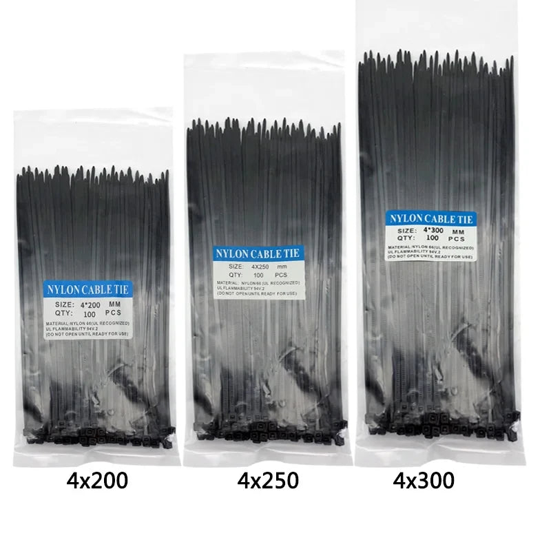 300pcs Three mode Self-Locking Plastic Nylon Wire Cable Zip Ties Black Cable Ties Fasten Loop Cable Various specifications - 