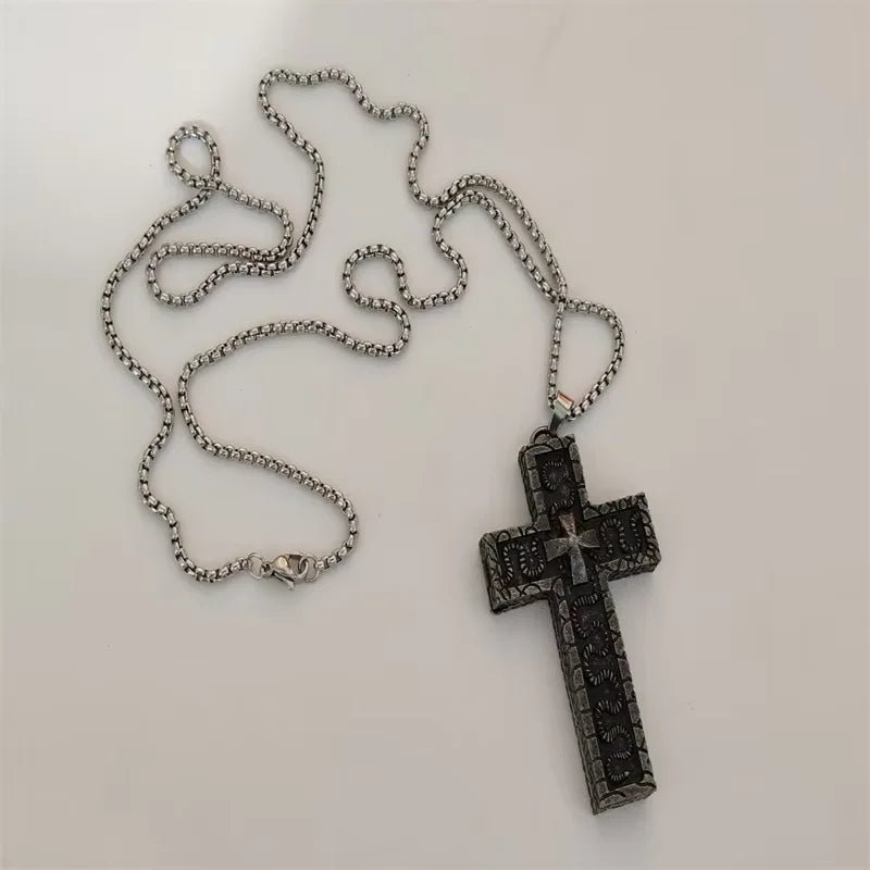 Vintage Cross Pendant Necklace Unisex Versatile Simple Long Sweater Chain Hip Hop Accessory - 6