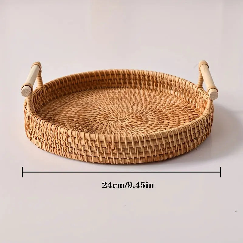 Handwoven Rattan Tray & Food Storage Basket | Eco-Friendly Kitchen Organizer with Lid, Farmhouse Home Decor - Natural Brown 2