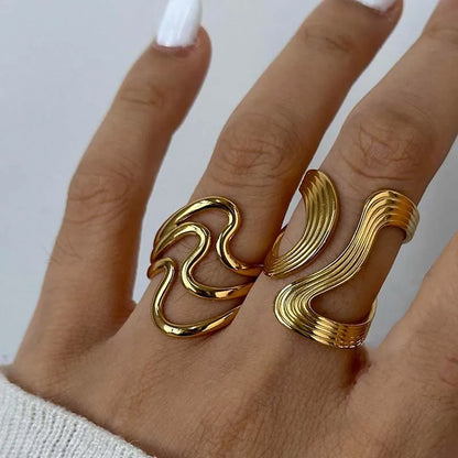 Stainless Steel Irregular Wave Rings for Women Men Creative Gold Color Adjustable Opening Rings Female Statement Jewelry Gift
