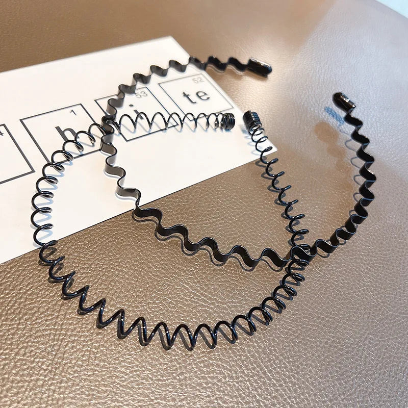 Unisex Black Elastic Non Slip Simple Metal Headbands For Men Women Wavy Hairband Spring Hair Hoop Fashion Hair Accessories - 