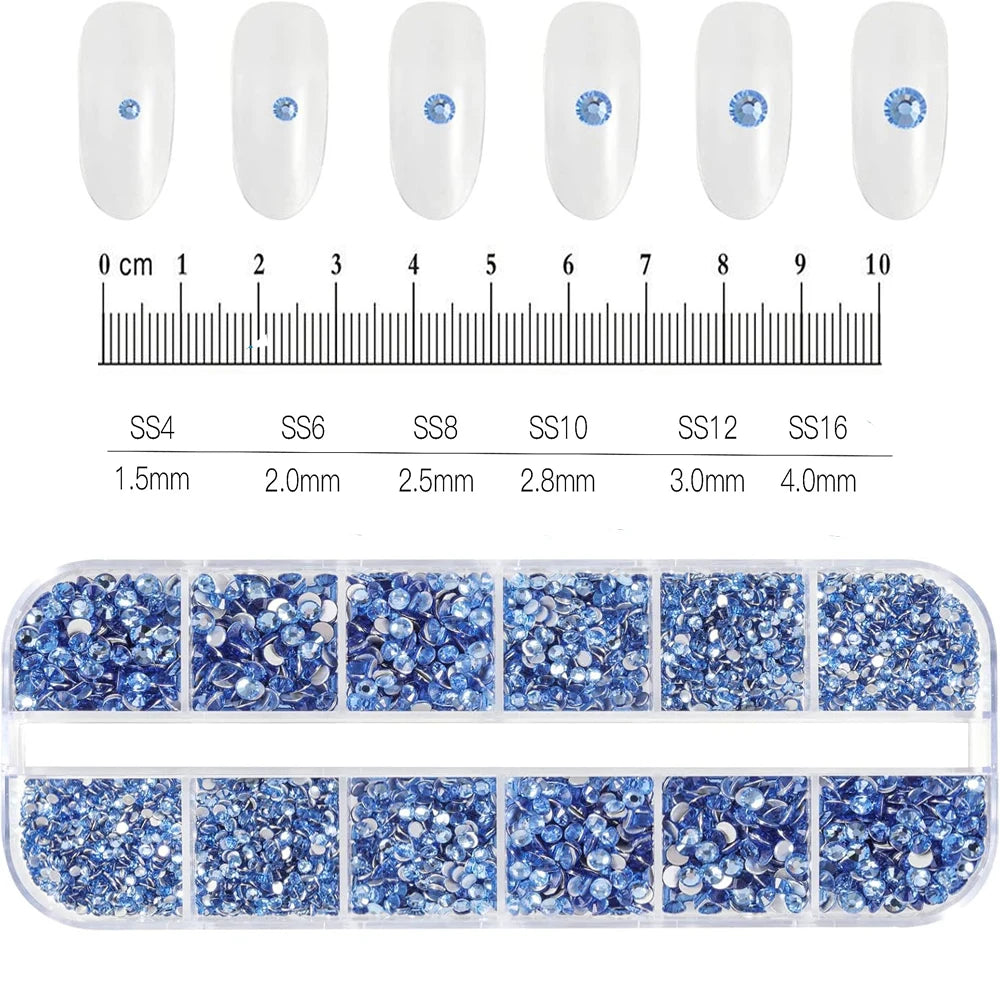 2400pcs+ Shiny Clear Crystal Gems Nail Rhinestones 1.5-4mm Mixed Round Glass Stone Flatback Nail Charms 12grids Nail Diamond 