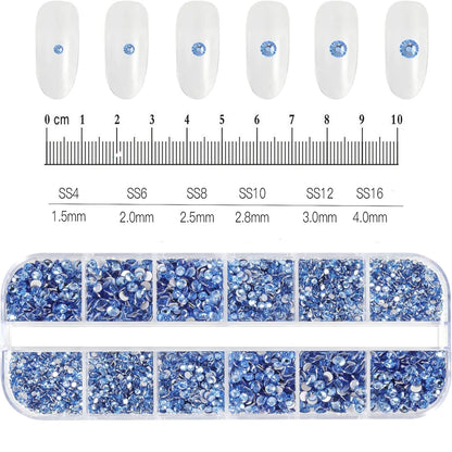 2400pcs+ Shiny Clear Crystal Gems Nail Rhinestones 1.5-4mm Mixed Round Glass Stone Flatback Nail Charms 12grids Nail Diamond 