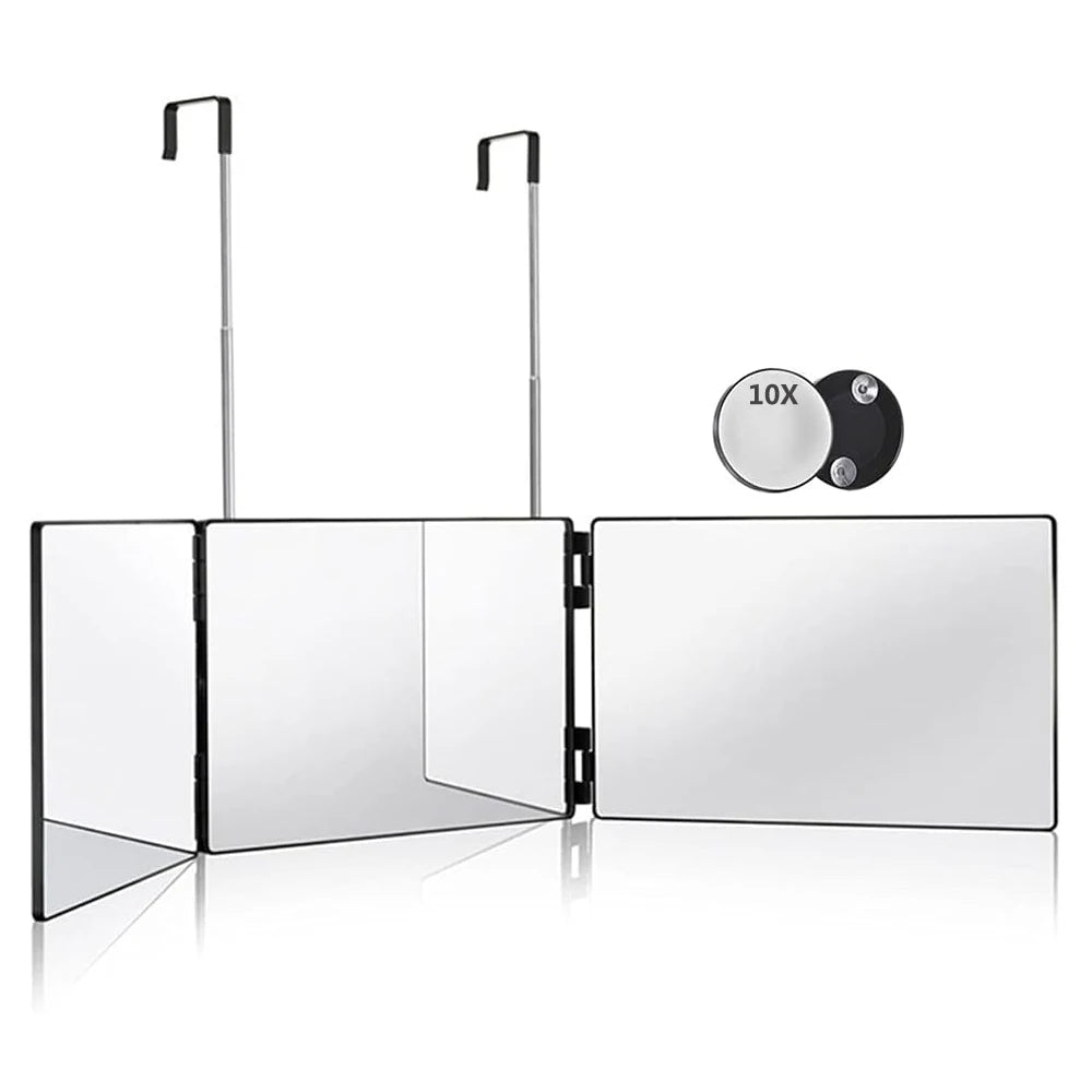 Travel Portable 360° Trifold Vanity Makeup Mirror with Height Adjustable Telescoping Hook for Hair Self Cutting, Shaving, Gif
