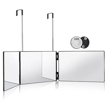 Travel Portable 360° Trifold Vanity Makeup Mirror with Height Adjustable Telescoping Hook for Hair Self Cutting, Shaving, Gif