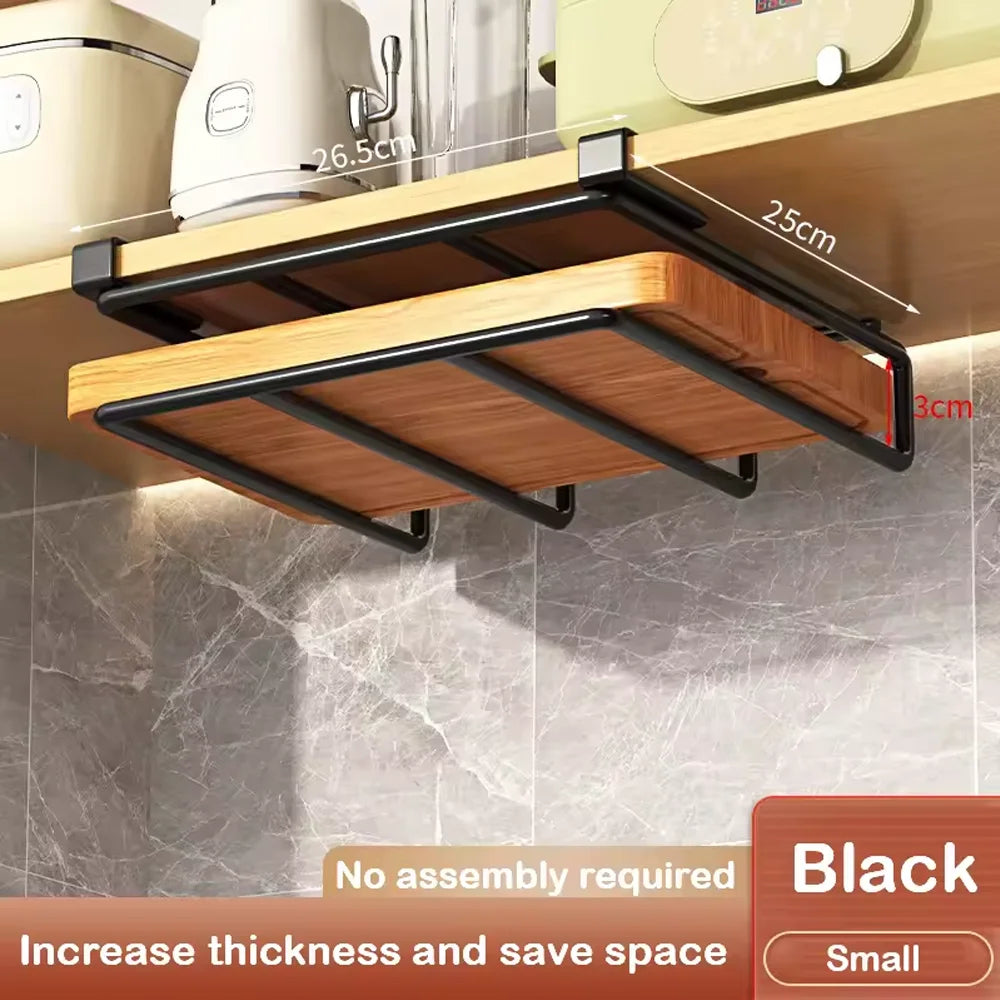 Kitchen Hanging Organizer Rack with Hooks Under Cupboard Paper Towel Rags Hanger Cutting Board Pot Cover Holder Storage Shelf