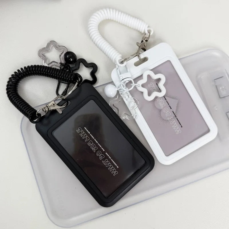 Cute Simple Protective Card Holder with Keychain Colorful Star Retractable Spring Lanyard ID Card Photo Postcard Holder Charm