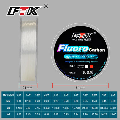 FTK 100m 4.13-34.32LB Fluorocarbon Fishing Lure Line Carbon Fiber Leader Fly Fishing Line Super Soft Line Pesca