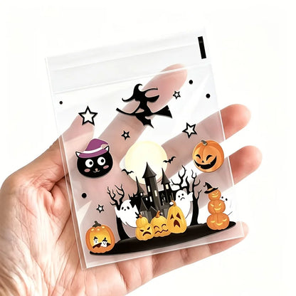 100Pcs Small Halloween Treat Bags,Clear Self Adhesive Candy Bags, Plastic Cookie Bags for Trick or Treat, Halloween Goodie Ba