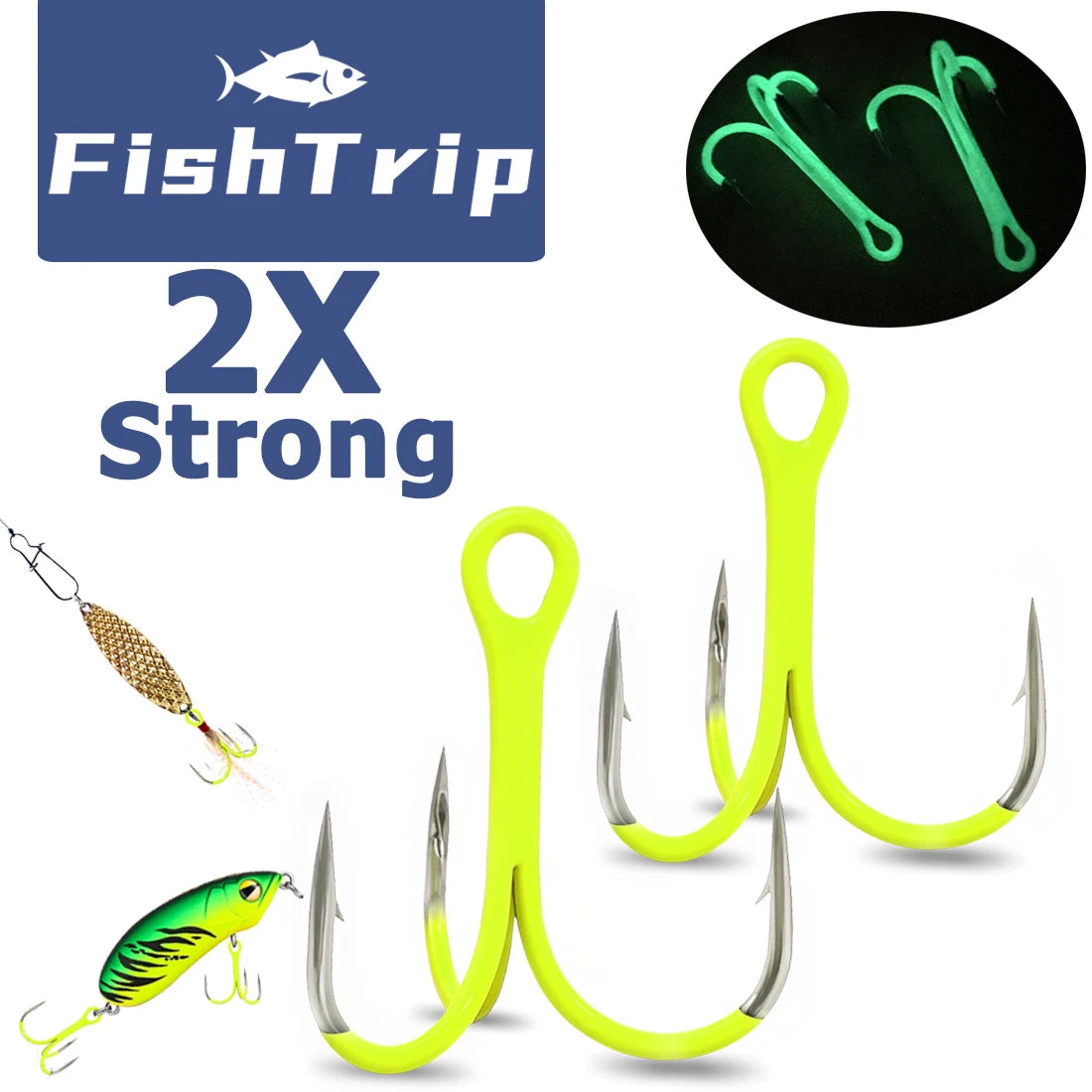 FishTrip Fishing Treble Hook Fluorescent/Luminous Green Inline Treble Hook Saltwater Freshwater Fishing Lure Bait Triple Hook