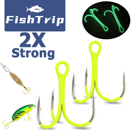 FishTrip Fishing Treble Hook Fluorescent/Luminous Green Inline Treble Hook Saltwater Freshwater Fishing Lure Bait Triple Hook