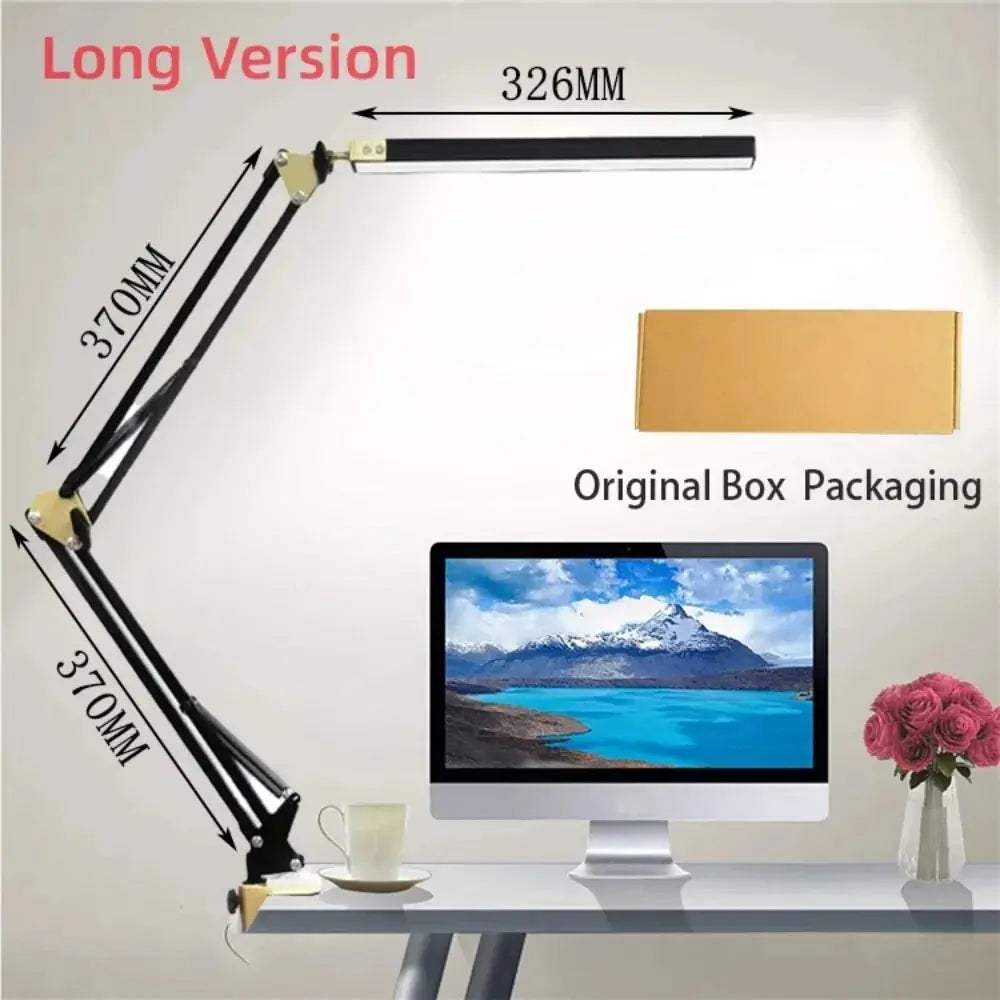 LED Folding Metal Desk Lamp Clip on Light Clamp Long Arm Diming Table Lamp 3 Colors Adjustable For Living Room Reading Comput
