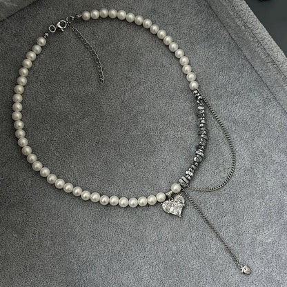 New Irregular Choker Vintage Tassels Zircon Heart Pendant Necklace For Women Female White Imitation Pearl Chain Valentine's G