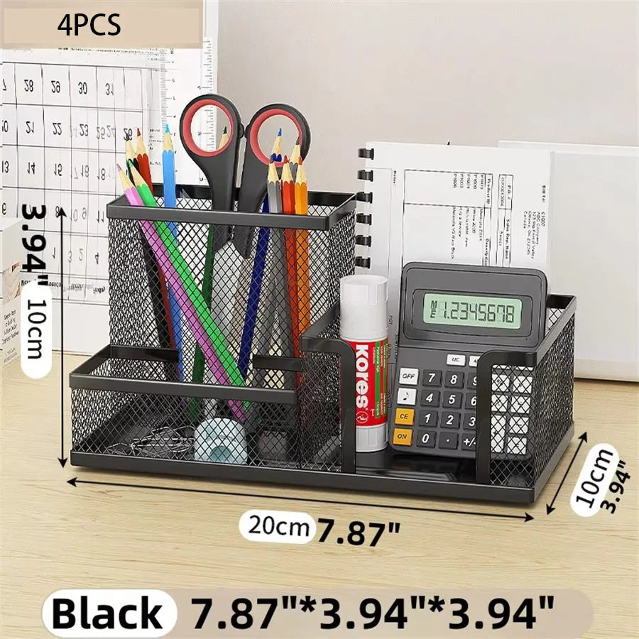 Mesh Desk Organizer Office Supplies Caddy with Pencil Holder and Storage Baskets for Desktop Accessories, 3 Compartments, Bla