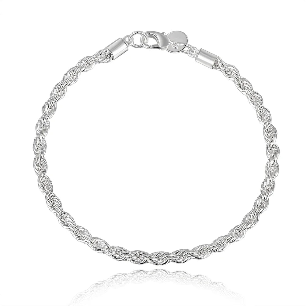 925 Sterling Silver Bracelet 4mm20cm Flat Side Chain Lobster Clasp For Woman Man Wedding Engagement Jewelry