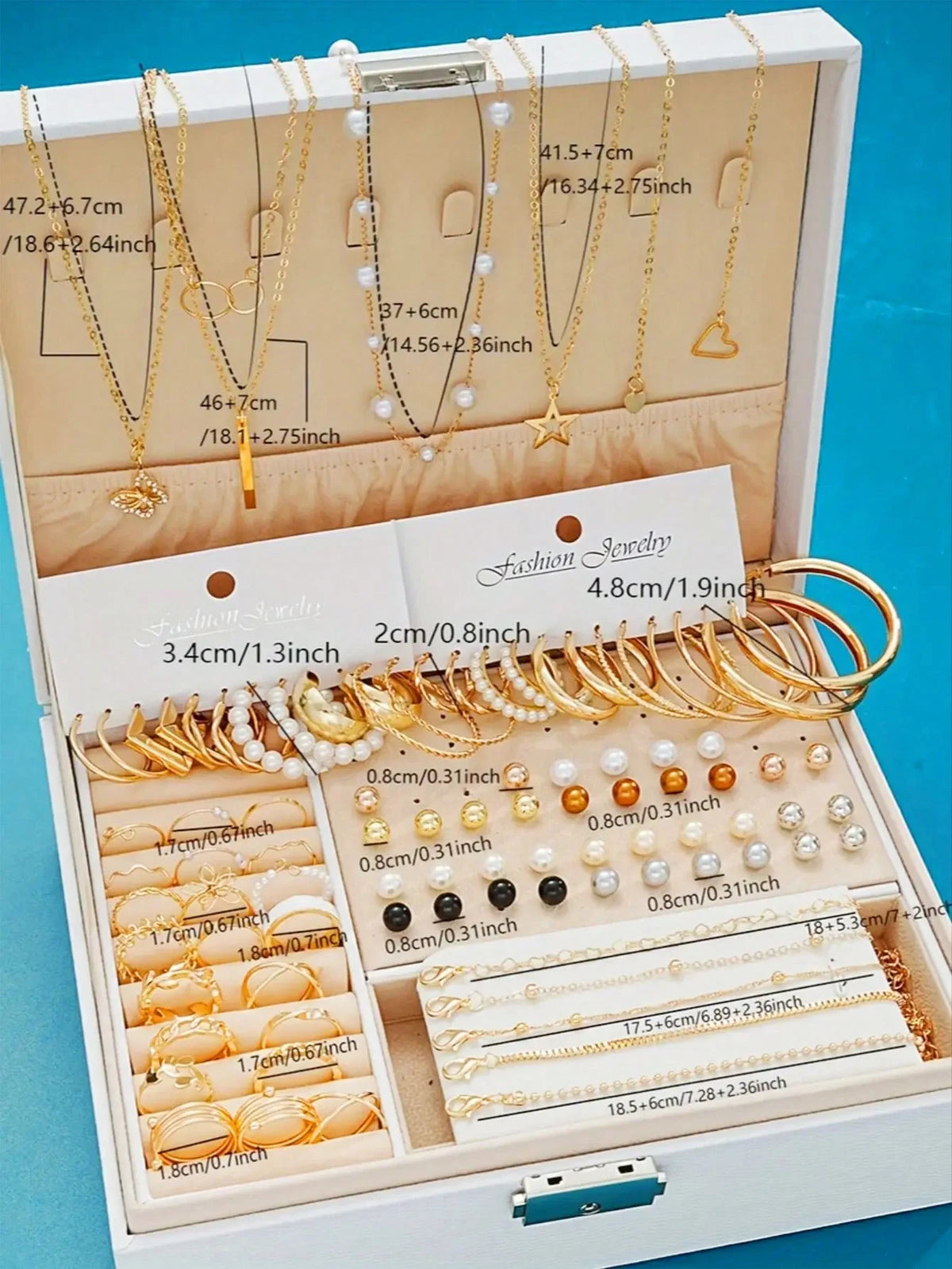 86pcs/Set Elegant Pearl Earrings Multi-Layered Necklace Ear Studs Rings 4-In-1 Jewelry Set For Women Daily Wear Gift (No Box)