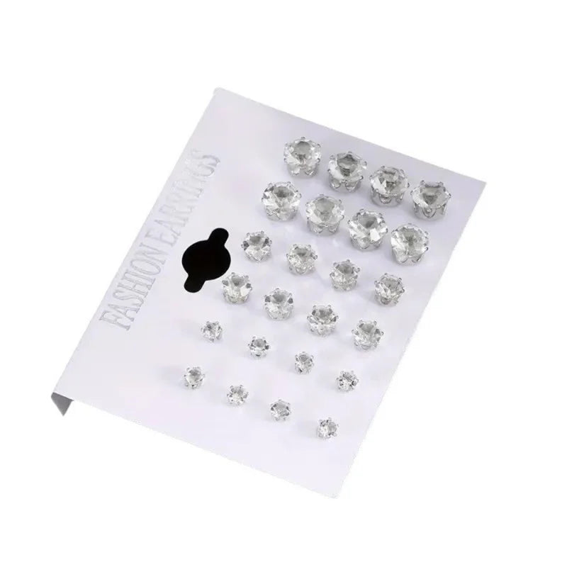 12 Pairs Six Claw Zircon Earrings Set Geometric White Shiny Crystal Wedding Stud Earrings Set for Women Men Jewelry Accessori