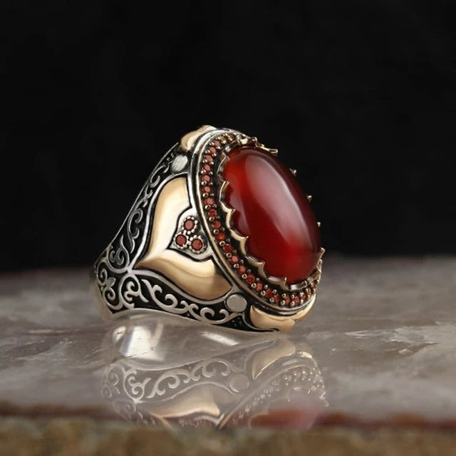 Retro Handmade Turkish Signet Ring for Men Vintage Silver Color Carving Pattern Inlay Green Zircon Party Punk Motor Biker Rin
