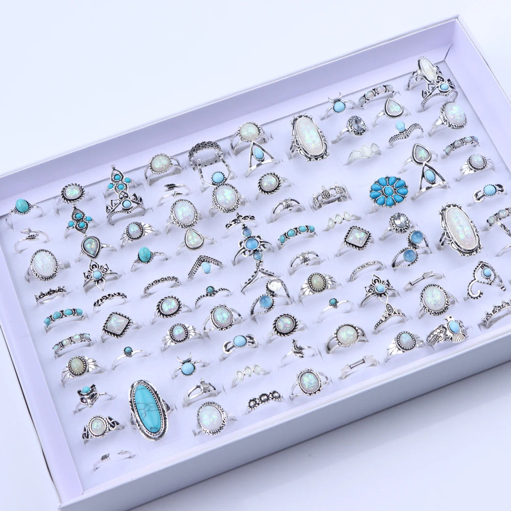20/30Pcs/Lot Vintage Boho Glass Turquoise Rings Fashion Women Vacation Style Daily Festival Jewelry Party Decoration Gifts