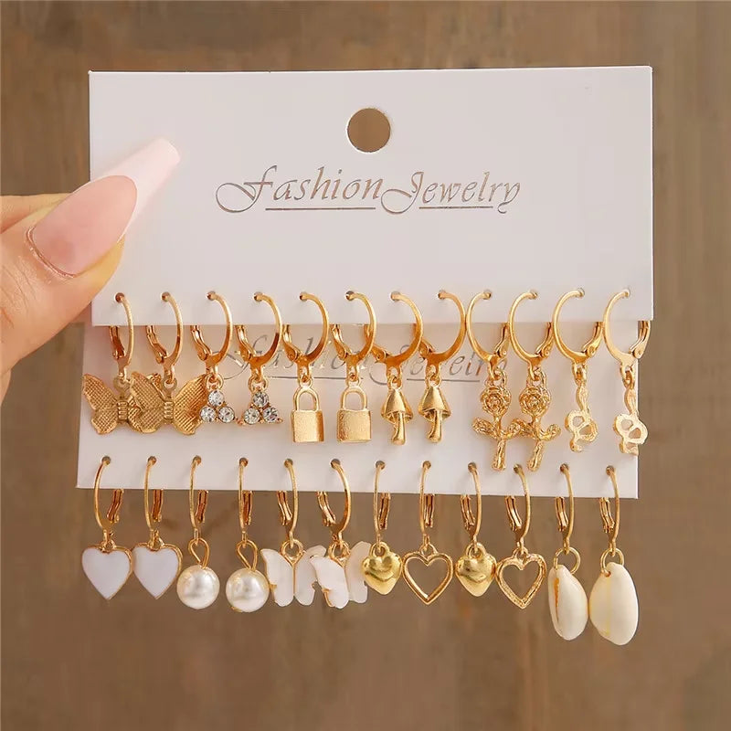 Fashion Geometric Hoop Earrings Set for Women Vintage Bohemian Pearl Gold Color Round Earring Punk Daily Wear Jewelry Gifts 2