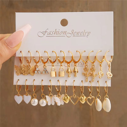 Fashion Geometric Hoop Earrings Set for Women Vintage Bohemian Pearl Gold Color Round Earring Punk Daily Wear Jewelry Gifts 2