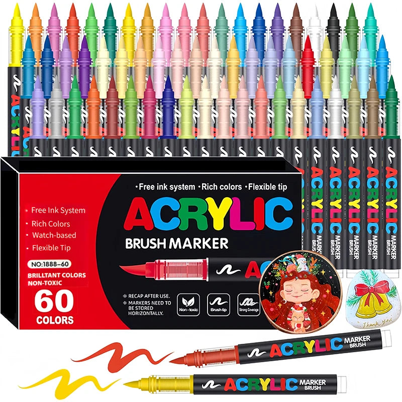 48 Colors Soft Brush Tip Acrylic Markers Pen Set, Paint Pens for Rock, Wood, Fabric, Glass, DIY Crafts, Waterproof Paint Mark