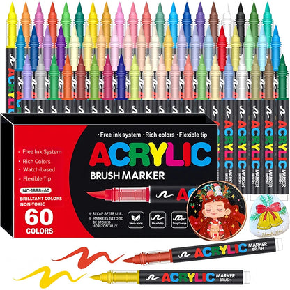 48 Colors Soft Brush Tip Acrylic Markers Pen Set, Paint Pens for Rock, Wood, Fabric, Glass, DIY Crafts, Waterproof Paint Mark