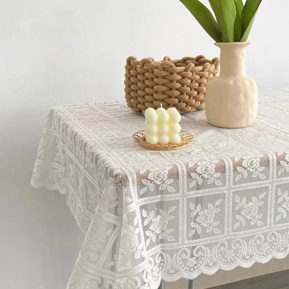 One Antique Embroidered Lace Tablecloth - Solid Color Elegant Flower Cut Process Polyester Square Tablecloth, 100% Polyester