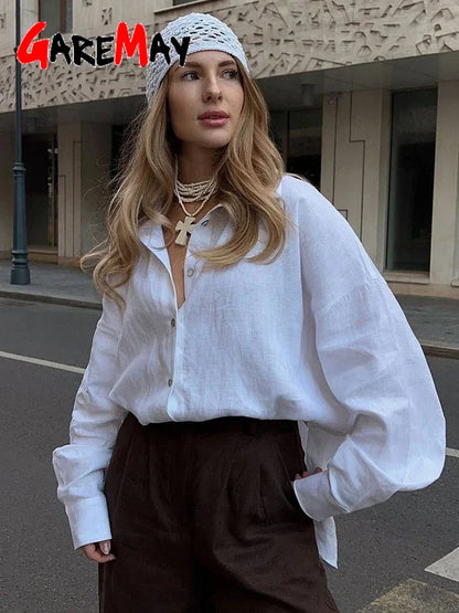 White Women's Linen Shirt Long Sleeve Elegant Pink Oversize Blouse Vintage Spring Basic Top Collar Cotton Linen Shirt for Wom