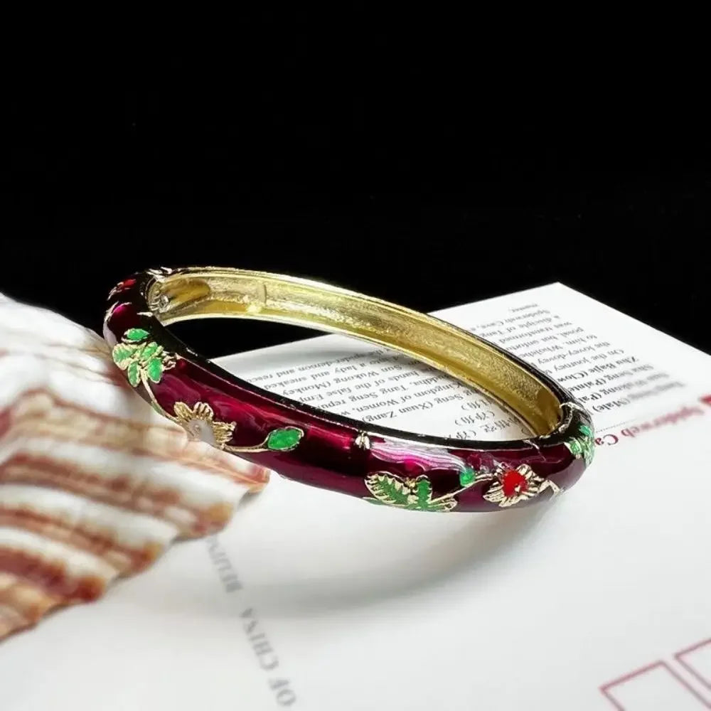 Enamel Chinese Cloisonne Bracelet Double Bangle Traditional Peony Filigree Flower Bangle Ethnic Vintage Women's Hand Bracelet