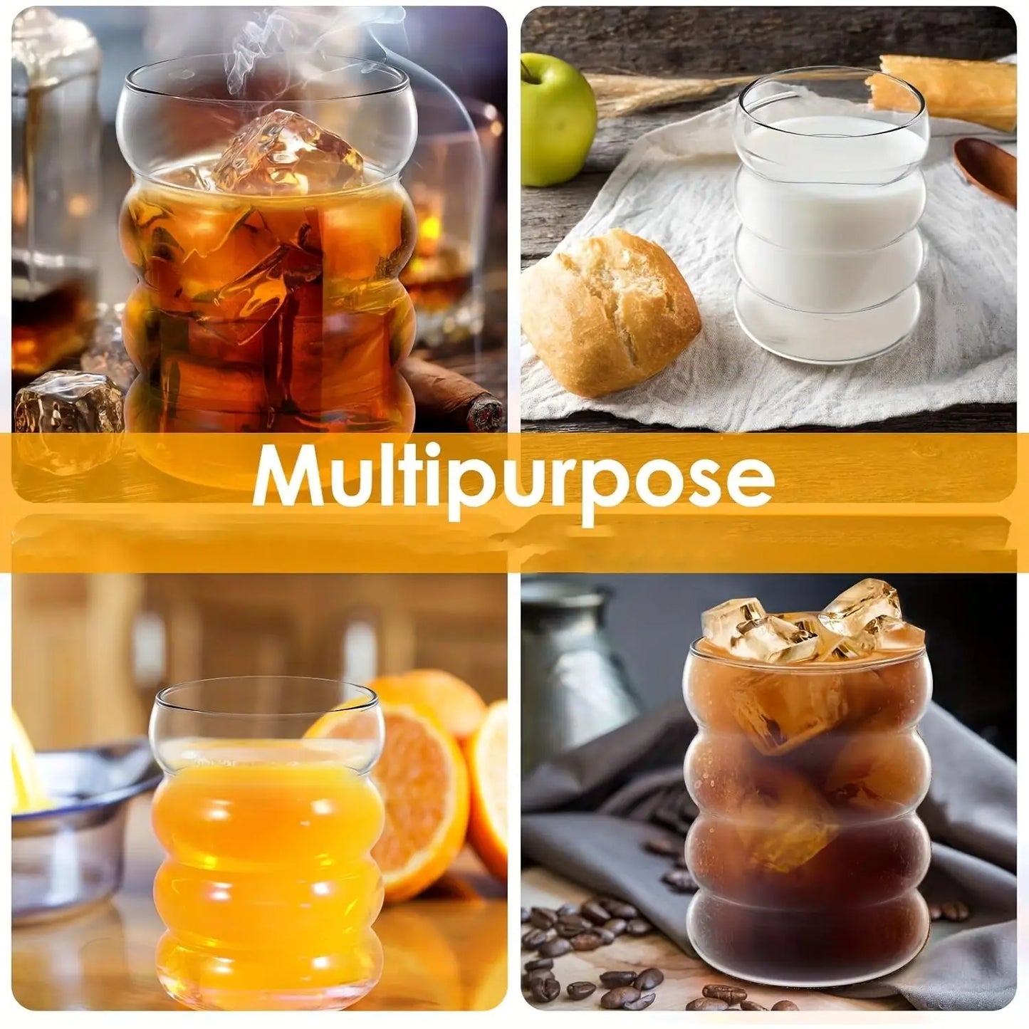 2 High Borosilicate Glass Coffee Cups 350ML/11.8oz with Straw and Brush, Vintage Ripple Design, Transparent Aesthetic Drinkwa