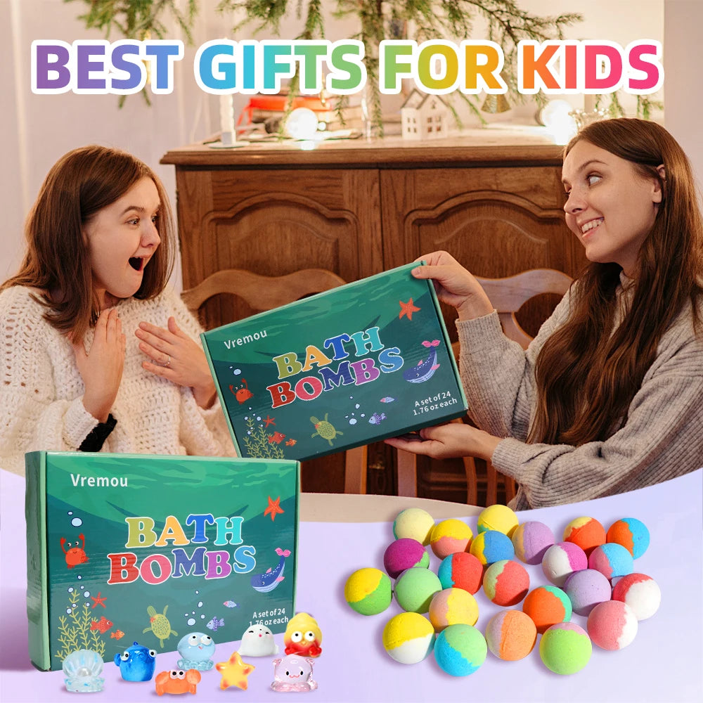 Bath Bombs for Kids with Surprise Inside, 24 Pack Kids Bath Bombs Gift Set, Natural Organic Kids Bubble Bath Fizzy for Girls 