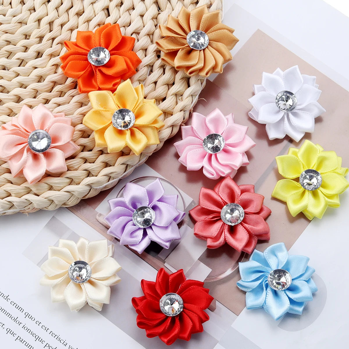 20pcs/lot 40mm Mini Inlaid Rhinestones Small Handmade DIY Satin Ribbon Flowers Head Decorate Clothing Supplies Accessories