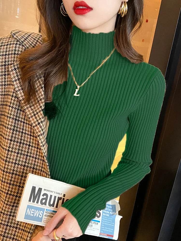 Elegant Solid Basic Knitted Tops Women Turtlneck Sweater Long Sleeve Casual Slim Pullover Korean Fashion Simple Chic Clothes 
