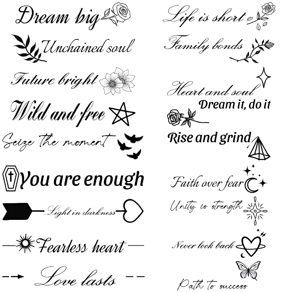 Tattoo Stickers English Word Waterproof Long Lasting Realistic Transfer Temporary Black Letters Feather Body Art For Men Wome
