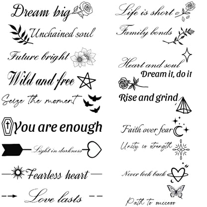 Tattoo Stickers English Word Waterproof Long Lasting Realistic Transfer Temporary Black Letters Feather Body Art For Men Wome