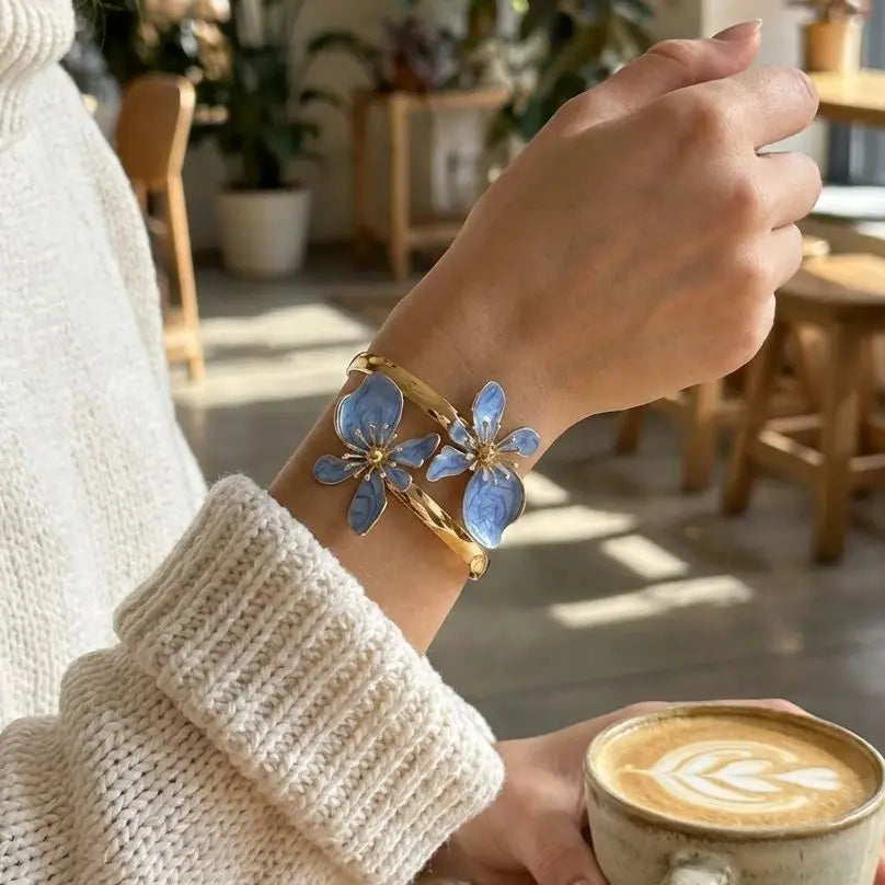 Elegant Enamel Flower Open Cuff Bracelet For Women Gold Plated Metal Pink White Blue Floral Bangles Beach Party Vacation Jewe