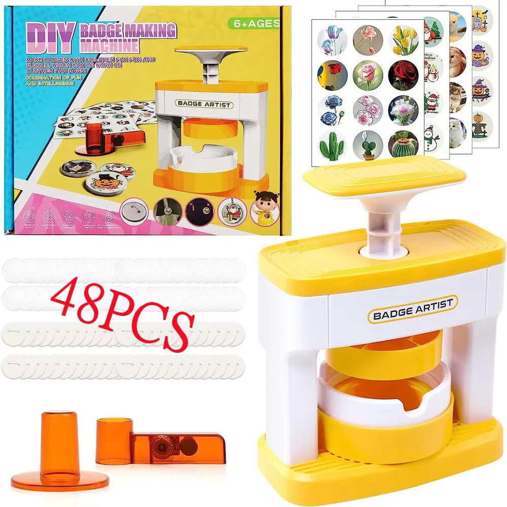 Kid Gift Badge Button Maker Machine Set, DIY Pin Button Press Badges Maker Machine with 48Pcs Button Parts+Picture+Circle Cut