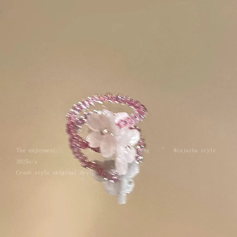 New Romantic Cute Violet Flower Ring Spring Summer Elastic Beaded Rings for Women Friends Korea Finger Jewelry Accessories Gi