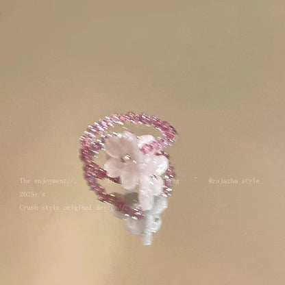 New Romantic Cute Violet Flower Ring Spring Summer Elastic Beaded Rings for Women Friends Korea Finger Jewelry Accessories Gi