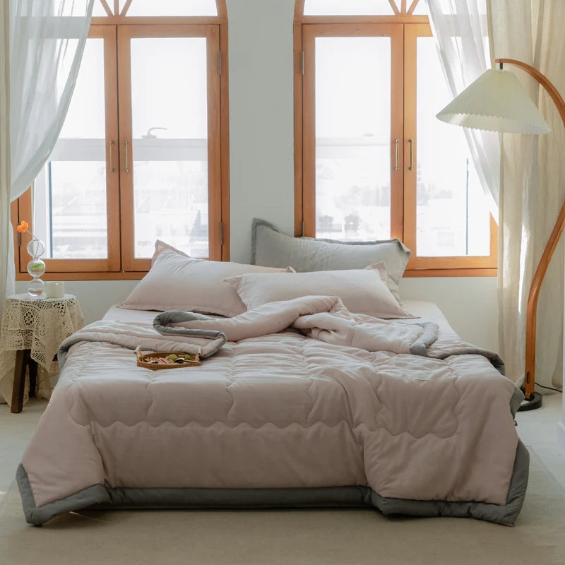 2025 new Japanese polyester cotton quilted summer quilt skin-friendly washable light luxury style solid color lightweight - B