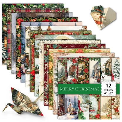 12 Sheet Scrapbooking Paper 15x15cm, Christmas Journal Planner Paper Pad Cardstock Backgrounds Card for DIY Art Craft Decorat