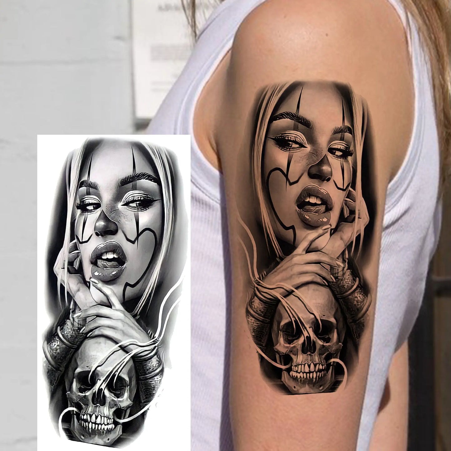 1 Sheet Evil Women Face Joker Mask Temporary Tattoos For Men Women Adults Waterproof Realistic Fake Tattoos Long Lasting Stic