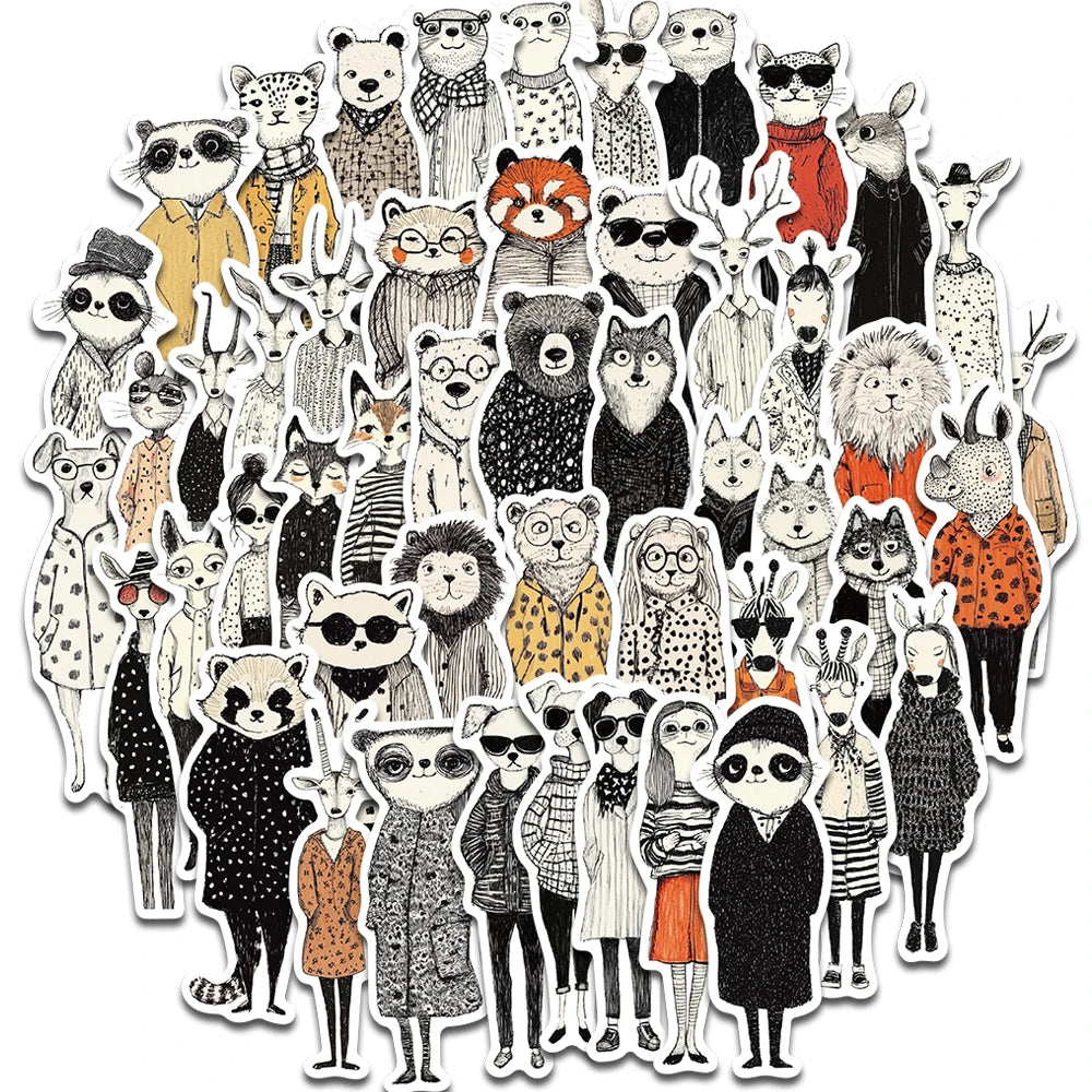50PCS Retro Fashion Animal Clip Art Stickers Cartoon Landscape Gift Luggage Art Picture Cafe Laptop Skateboard Adhesive Stick