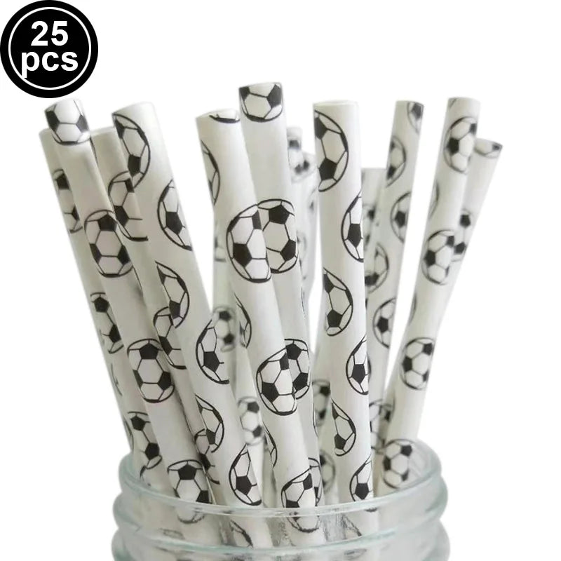 Soccer Theme Disposable Tableware Set Paper Plates Cups Napkins Tablecloth For Birthday Parties - 25pcs straws A