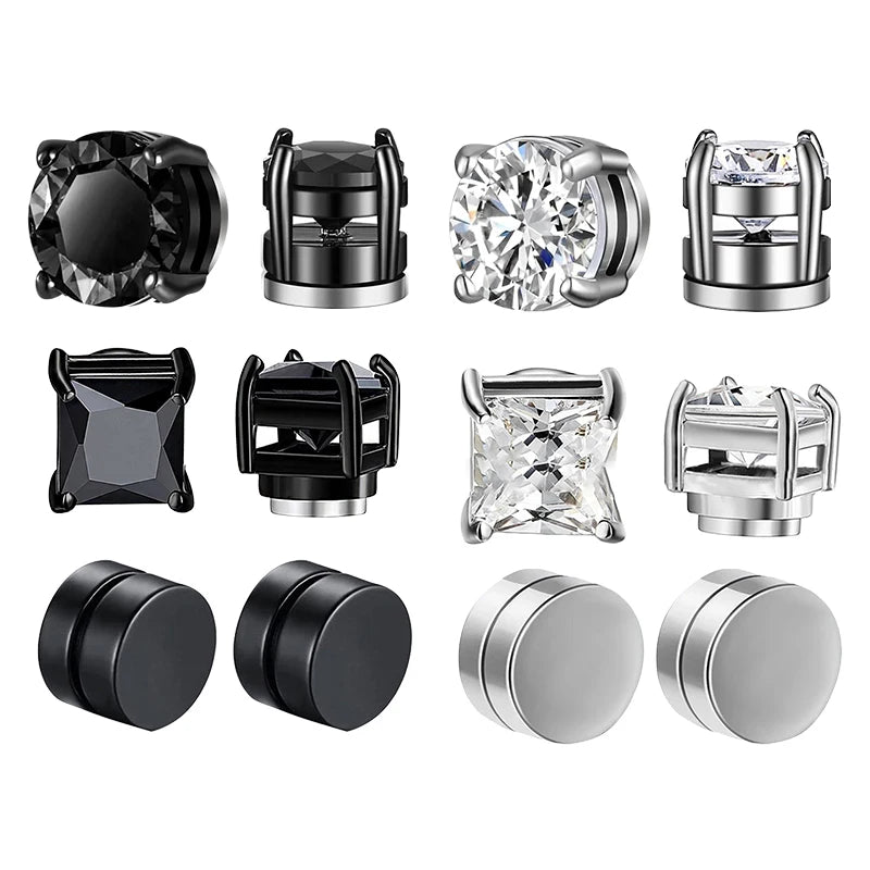 Crystal Strong Magnetic Ear Stud Clip Earrings for Men and Women Punk Round Zircon Magnet Earrings Non Piercing Jewelry - 6pc