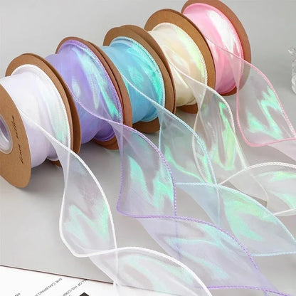 40mm 10Yards Fishtail Organza Ribbon Reflective Iridescent Wavy Edge Ribbon for Gift Wrapping DIY Bow Bouquet Voile Ribbons