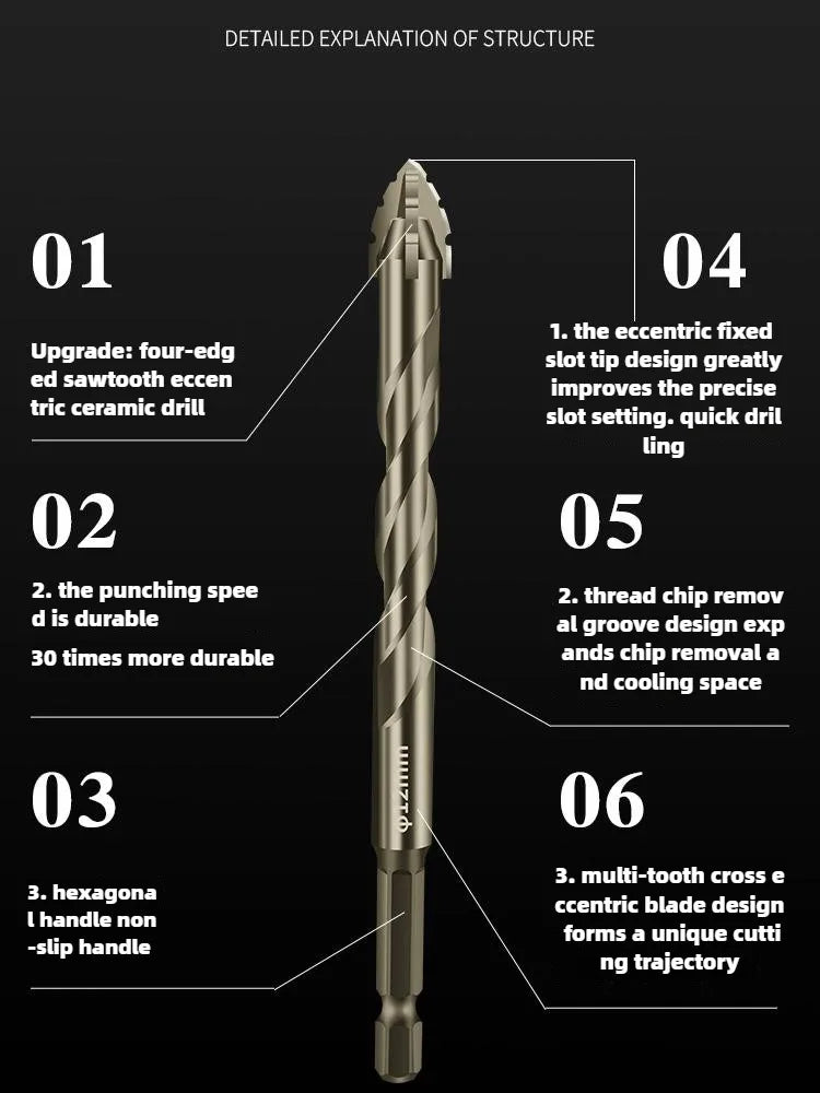 High-Four-Edged Serrated Eccentric Drill for Dry Drilling of Ceramic Tiles, Glass, Marble, Concrete, Stainless Steel Drill Bi